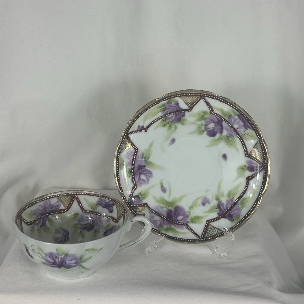 Antique‎ Nippon Hand Painted Teacup Saucer Duo Purple Rose Moriage 1911 Morimura